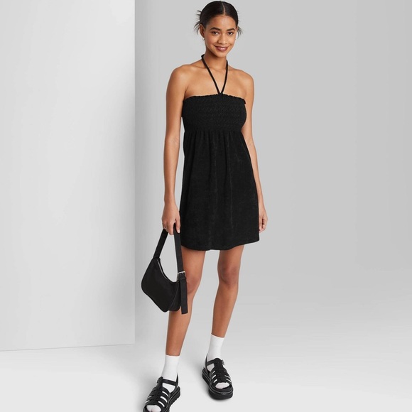 Black terry cloth smocked beach dress - Picture 1 of 3